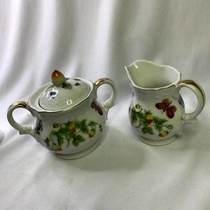 Vintage Ardalt Lenwile Creamer/Sugar Bowl Springtime Butterflies Strawberries